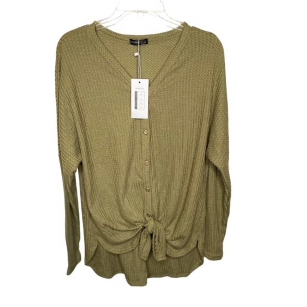 MIHOLL WAFFLE KNIT ARMY GREEN LONG SLEEVE BUTTON DOWN BLOUSE SZ M NWTs